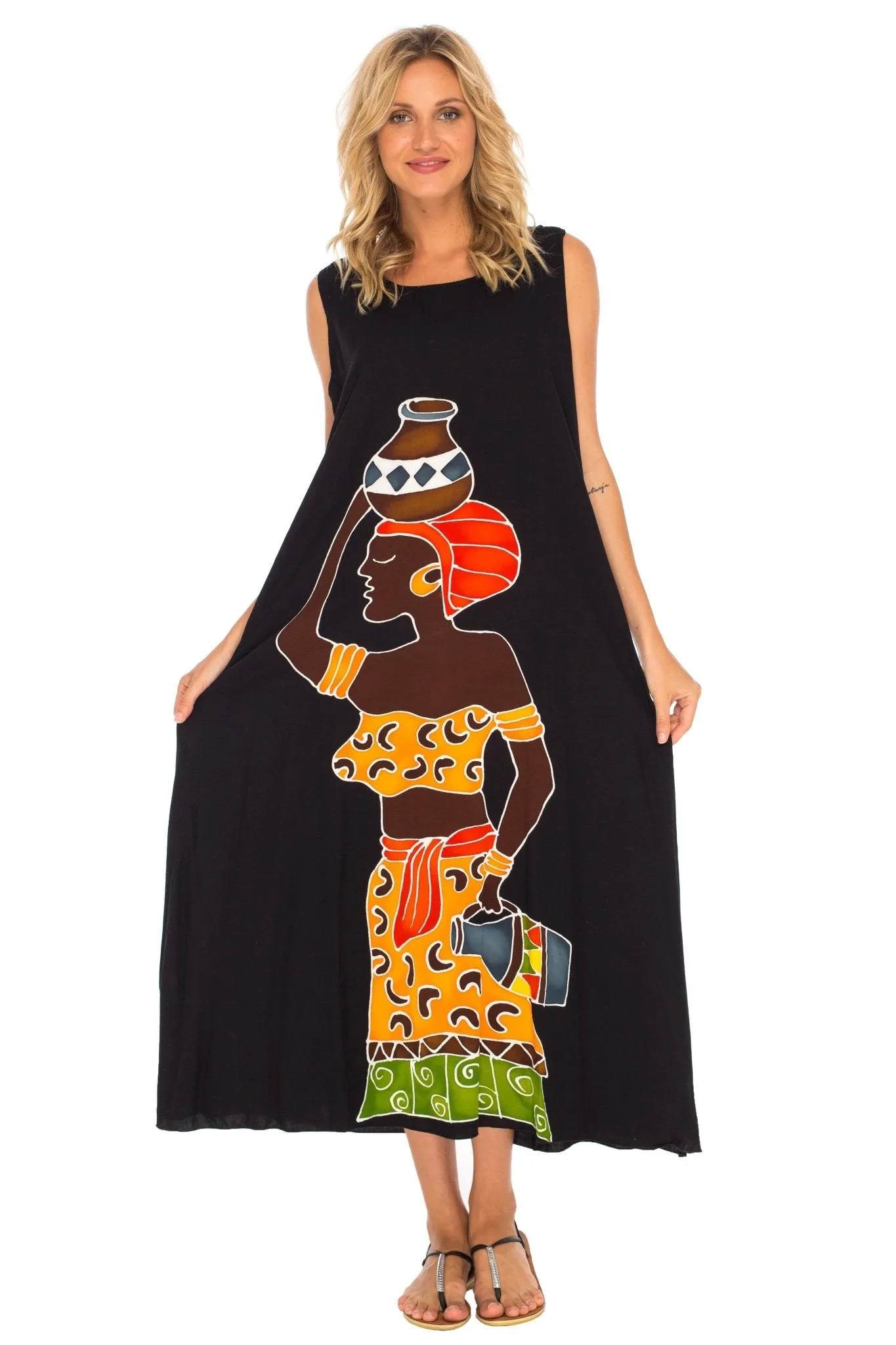 SHU-SHI Women's Loose Sleeveless Tank Dress - Casual Beach Cover-Up Sundress with Hand-Painted Tribal Design