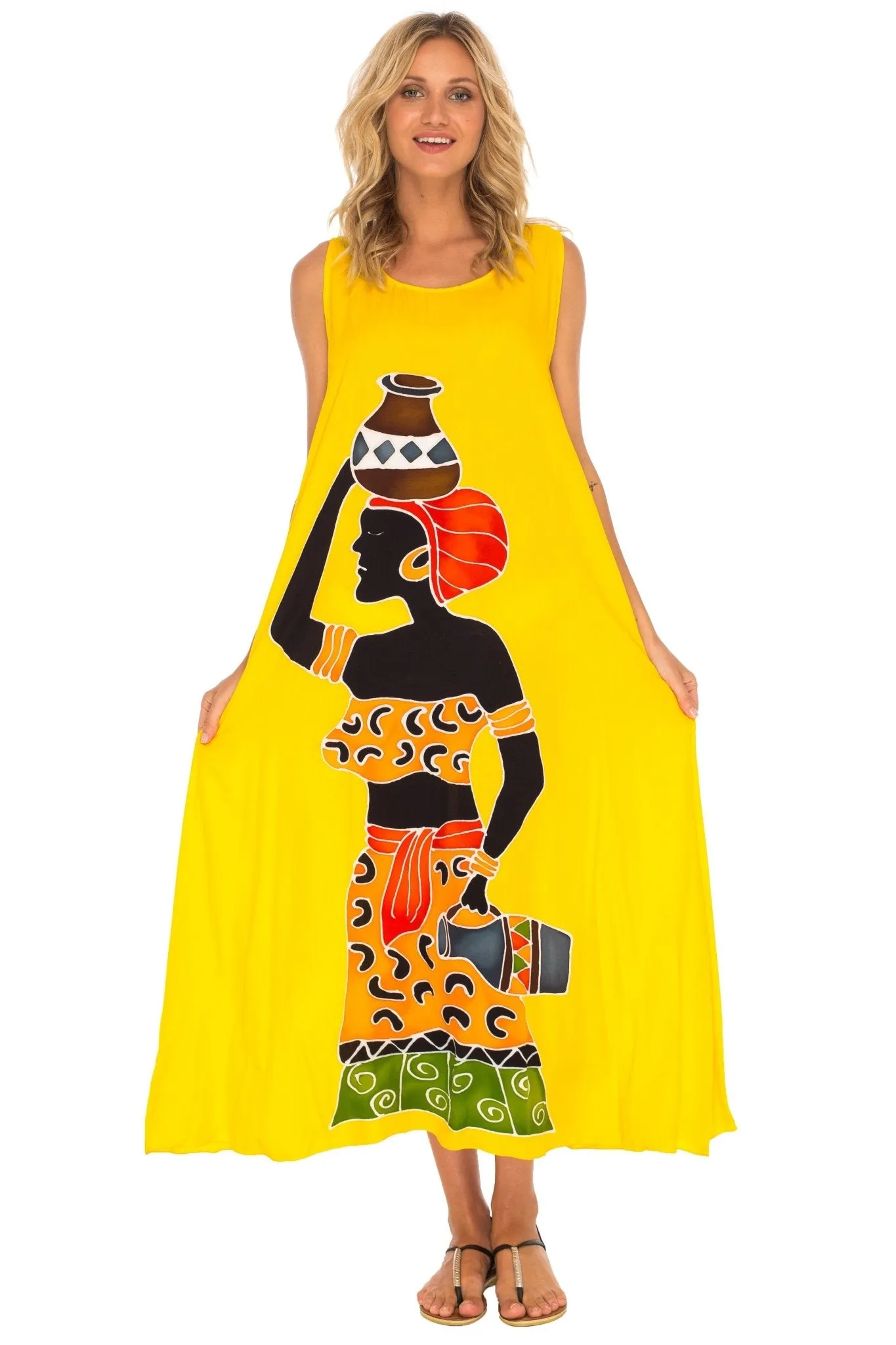 SHU-SHI Women's Loose Sleeveless Tank Dress - Casual Beach Cover-Up Sundress with Hand-Painted Tribal Design