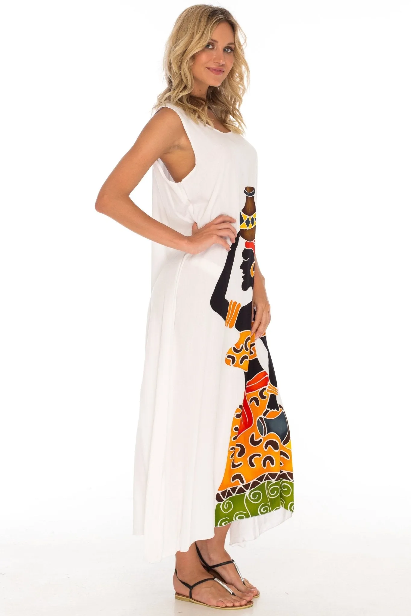 SHU-SHI Women's Loose Sleeveless Tank Dress - Casual Beach Cover-Up Sundress with Hand-Painted Tribal Design