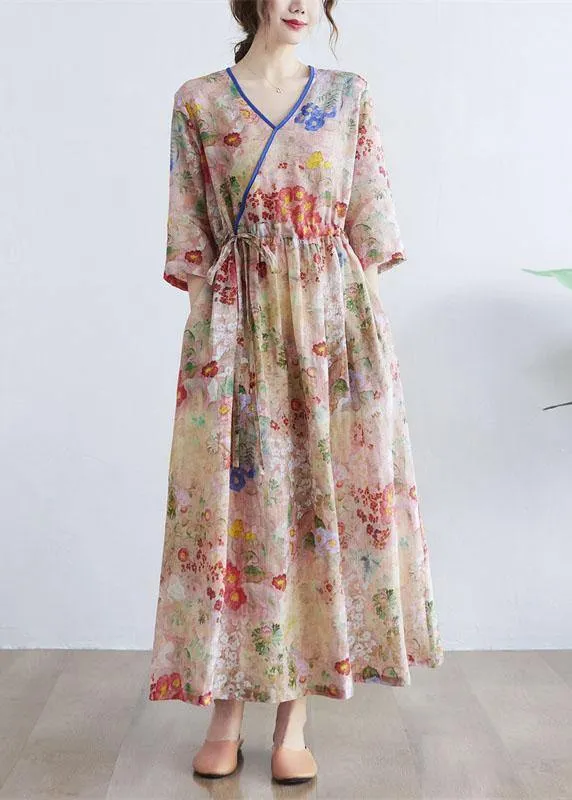 Simple Print V Neck Floral Summer Tie Waist Long Dresses Half Sleeve