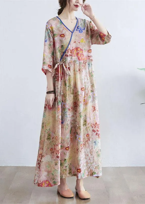 Simple Print V Neck Floral Summer Tie Waist Long Dresses Half Sleeve