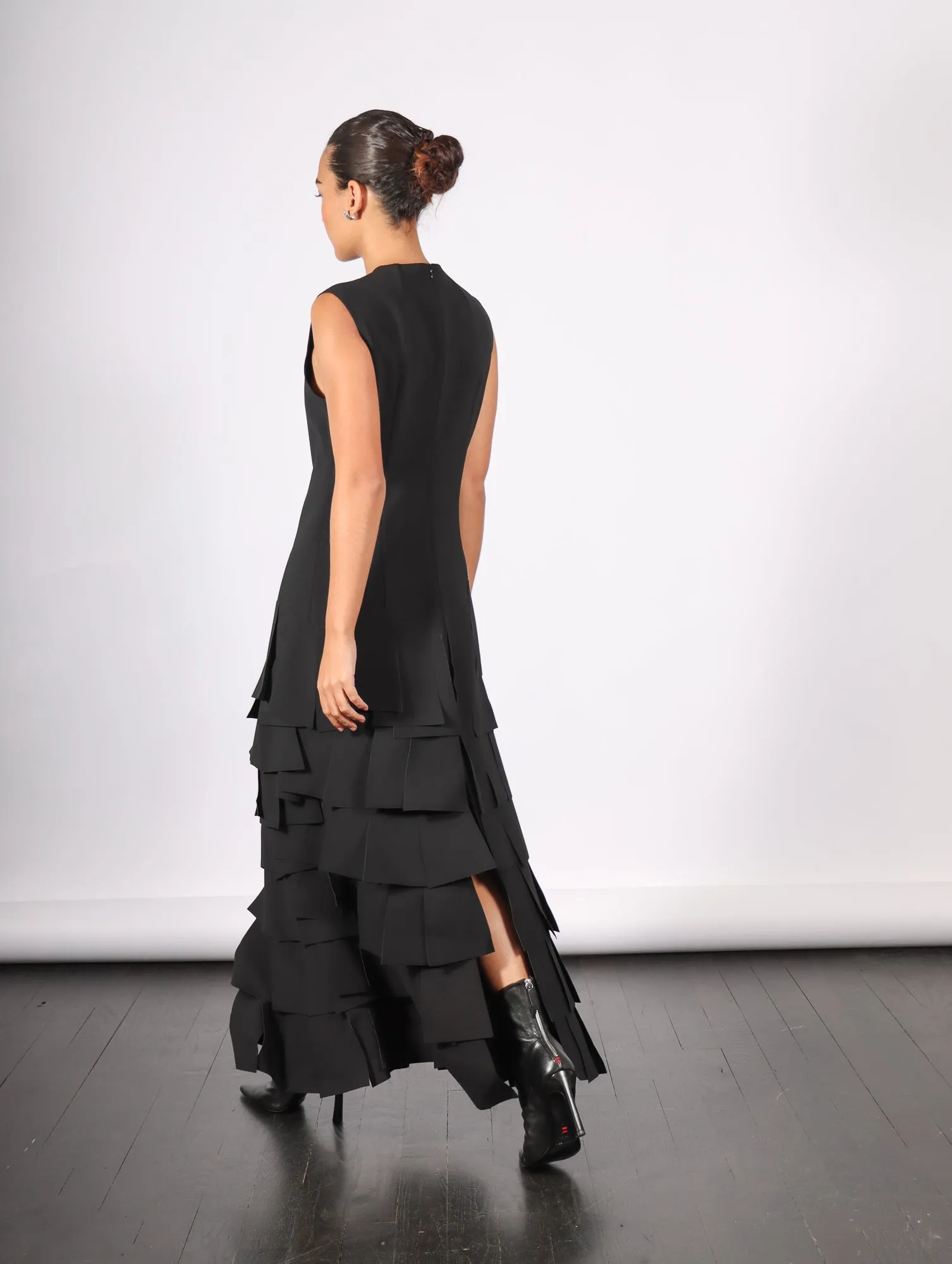 Sleeveless Laser Cut Dress in Black by A.W.A.K.E. Mode