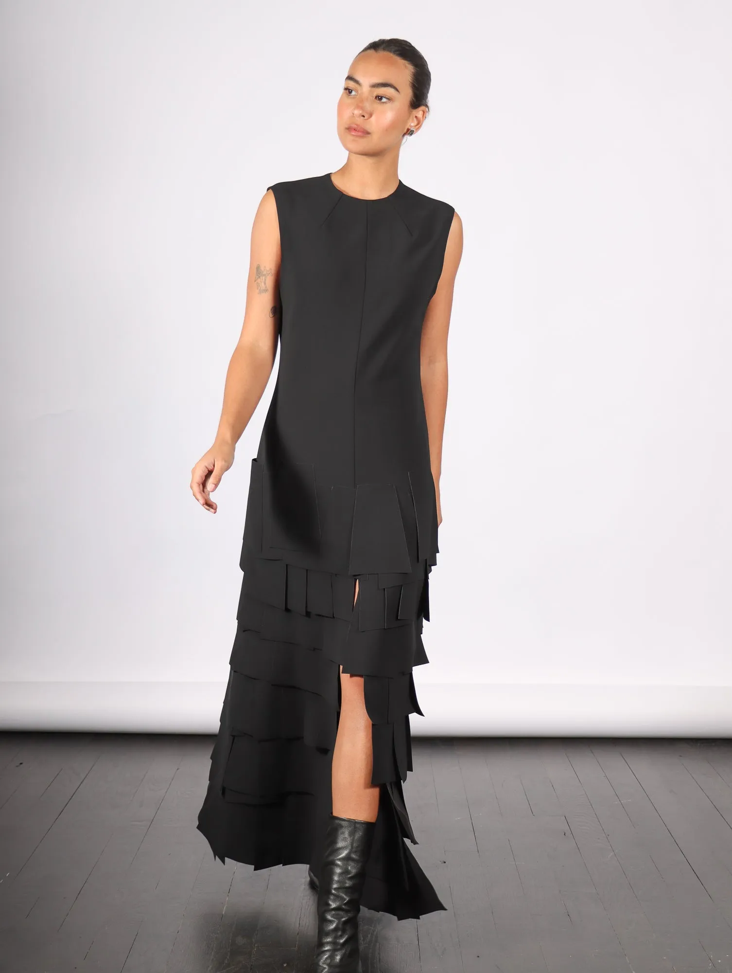 Sleeveless Laser Cut Dress in Black by A.W.A.K.E. Mode