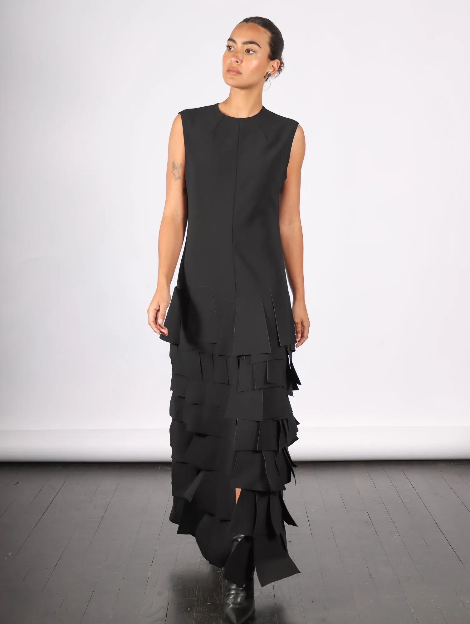 Sleeveless Laser Cut Dress in Black by A.W.A.K.E. Mode