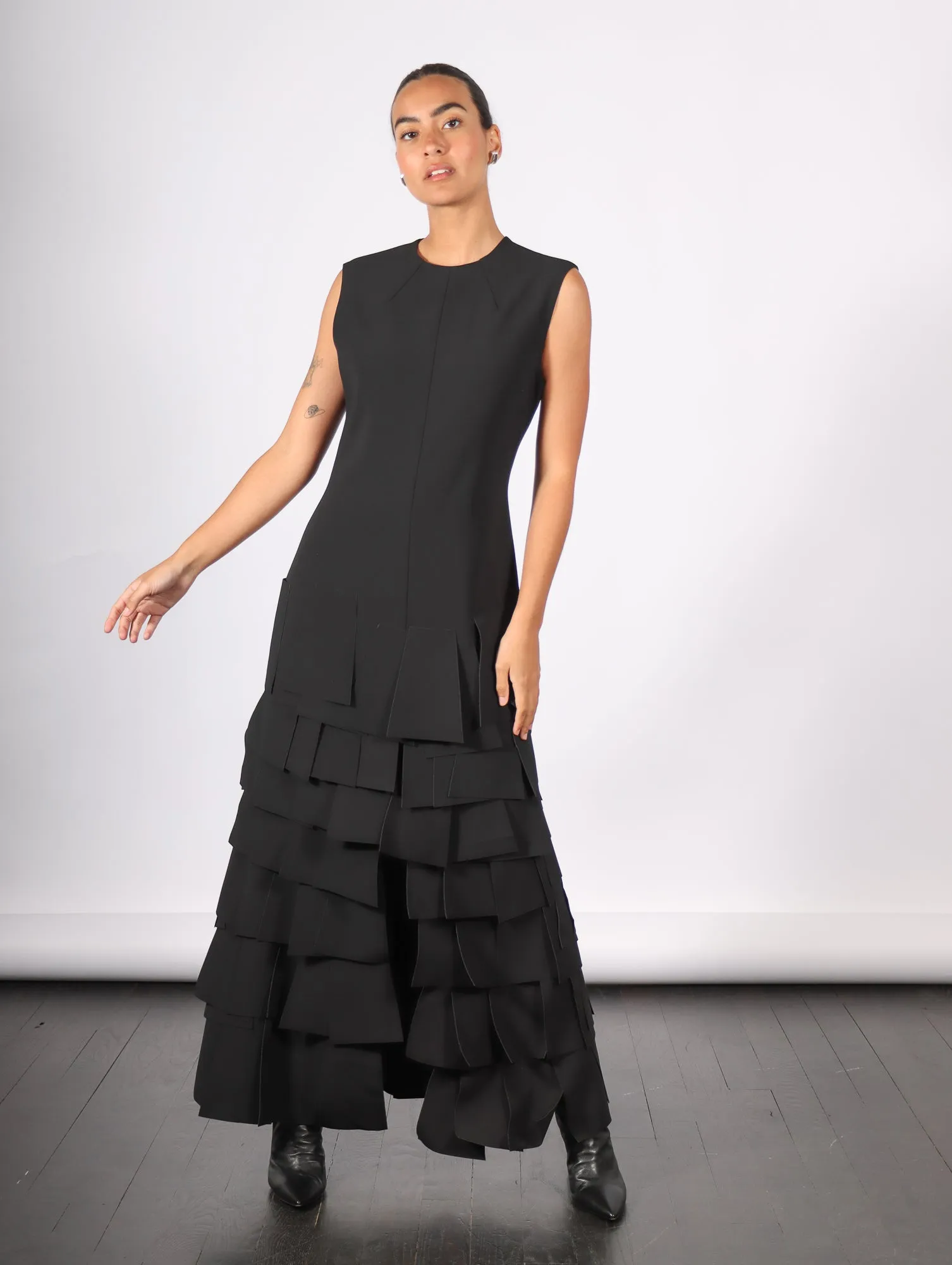 Sleeveless Laser Cut Dress in Black by A.W.A.K.E. Mode