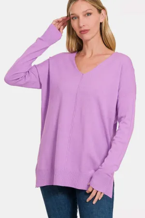 Slit V-Neck Dropped Shoulder Sweater