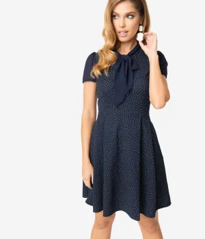 Smak Parlour Navy & White Pin Dot Empower Hour Fit & Flare Dress