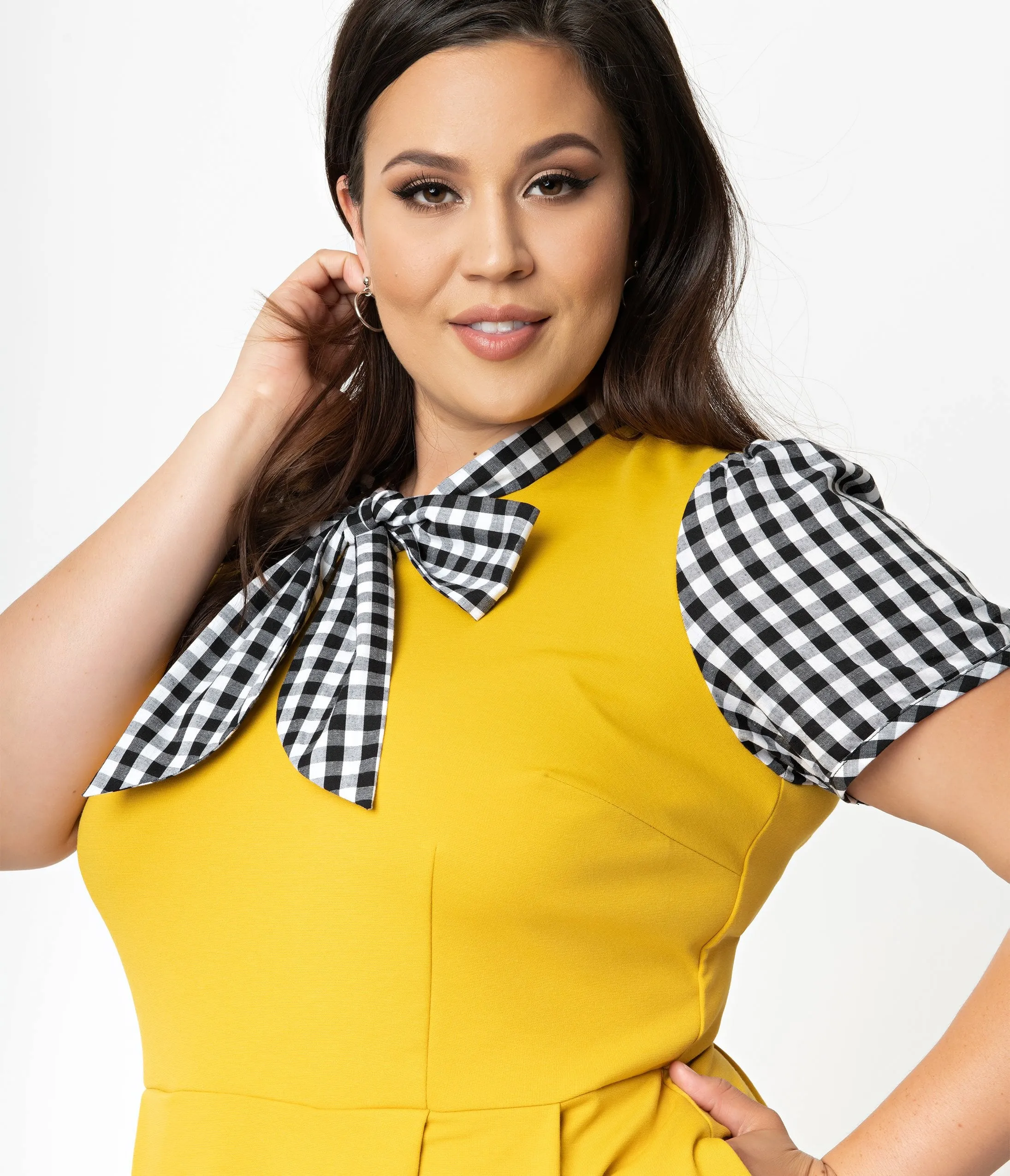 Smak Parlour Plus Size 1960s Style Mustard & Black Gingham Empower Hour Fit & Flare Dress