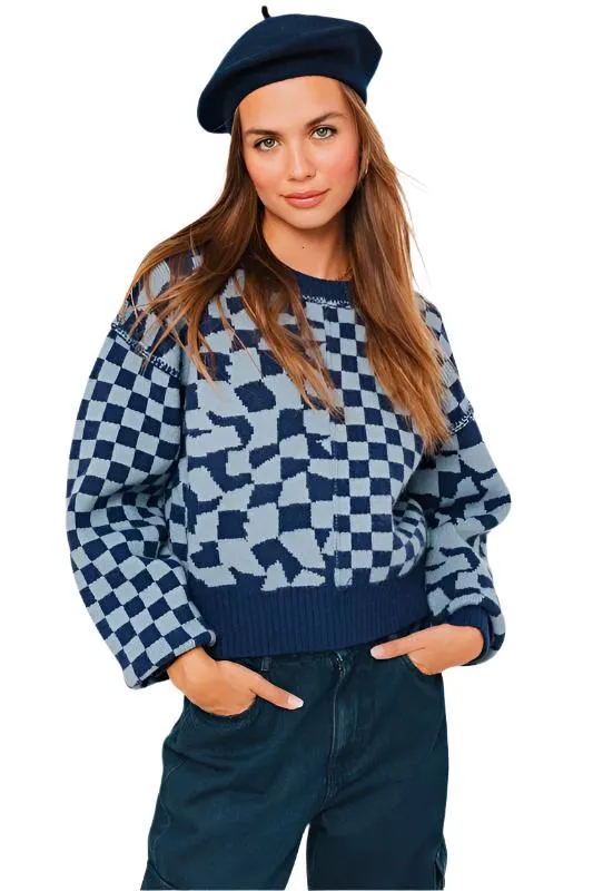 TEEK - Navy Light Bl lite Long Sleeve Checkerboard Sweater