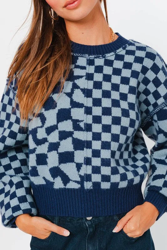 TEEK - Navy Light Bl lite Long Sleeve Checkerboard Sweater