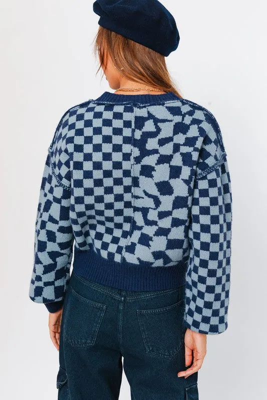 TEEK - Navy Light Bl lite Long Sleeve Checkerboard Sweater