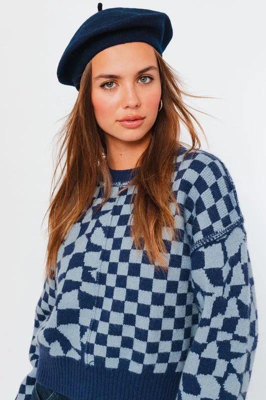 TEEK - Navy Light Bl lite Long Sleeve Checkerboard Sweater