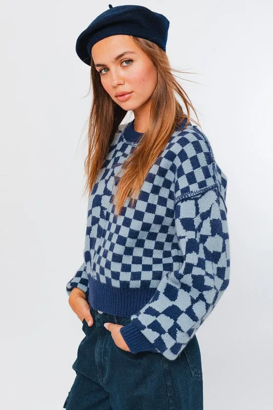 TEEK - Navy Light Bl lite Long Sleeve Checkerboard Sweater