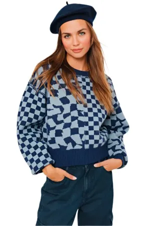 TEEK - Navy Light Bl lite Long Sleeve Checkerboard Sweater