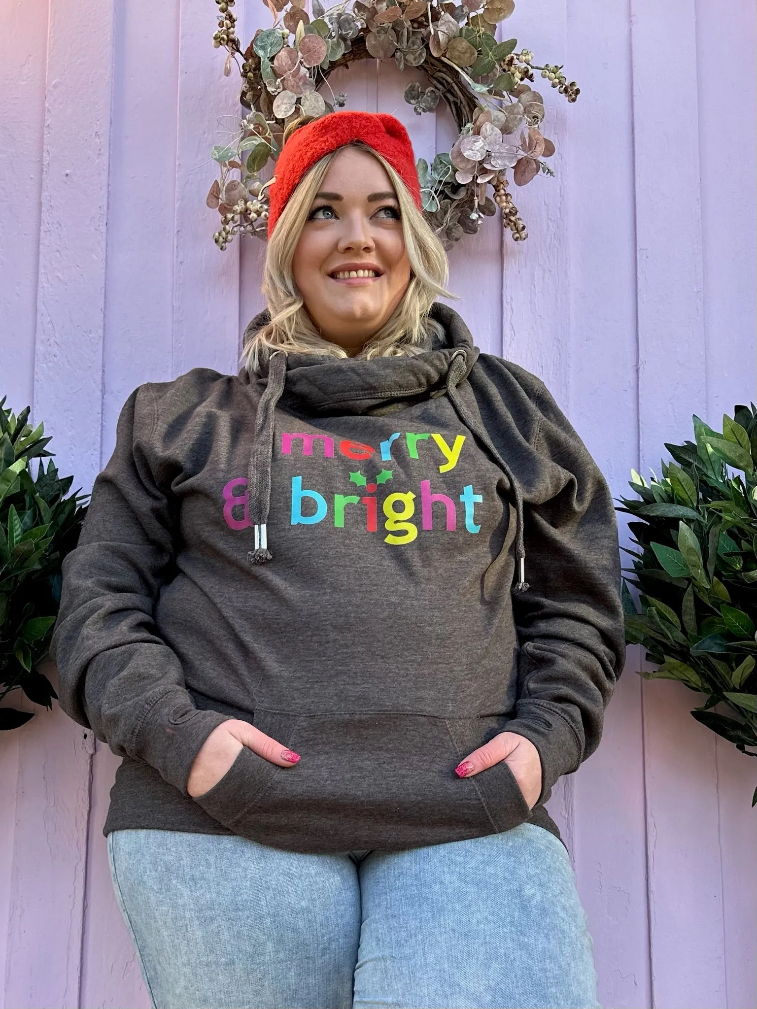 Vibrant 'Merry & Bright' Christmas Luxe Hoodie - Charcoal