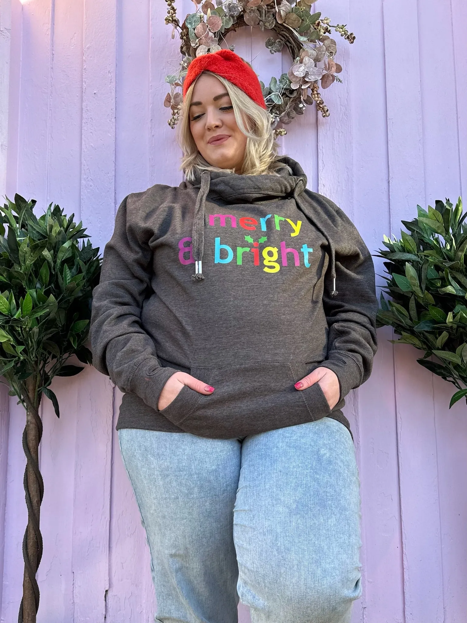 Vibrant 'Merry & Bright' Christmas Luxe Hoodie - Charcoal