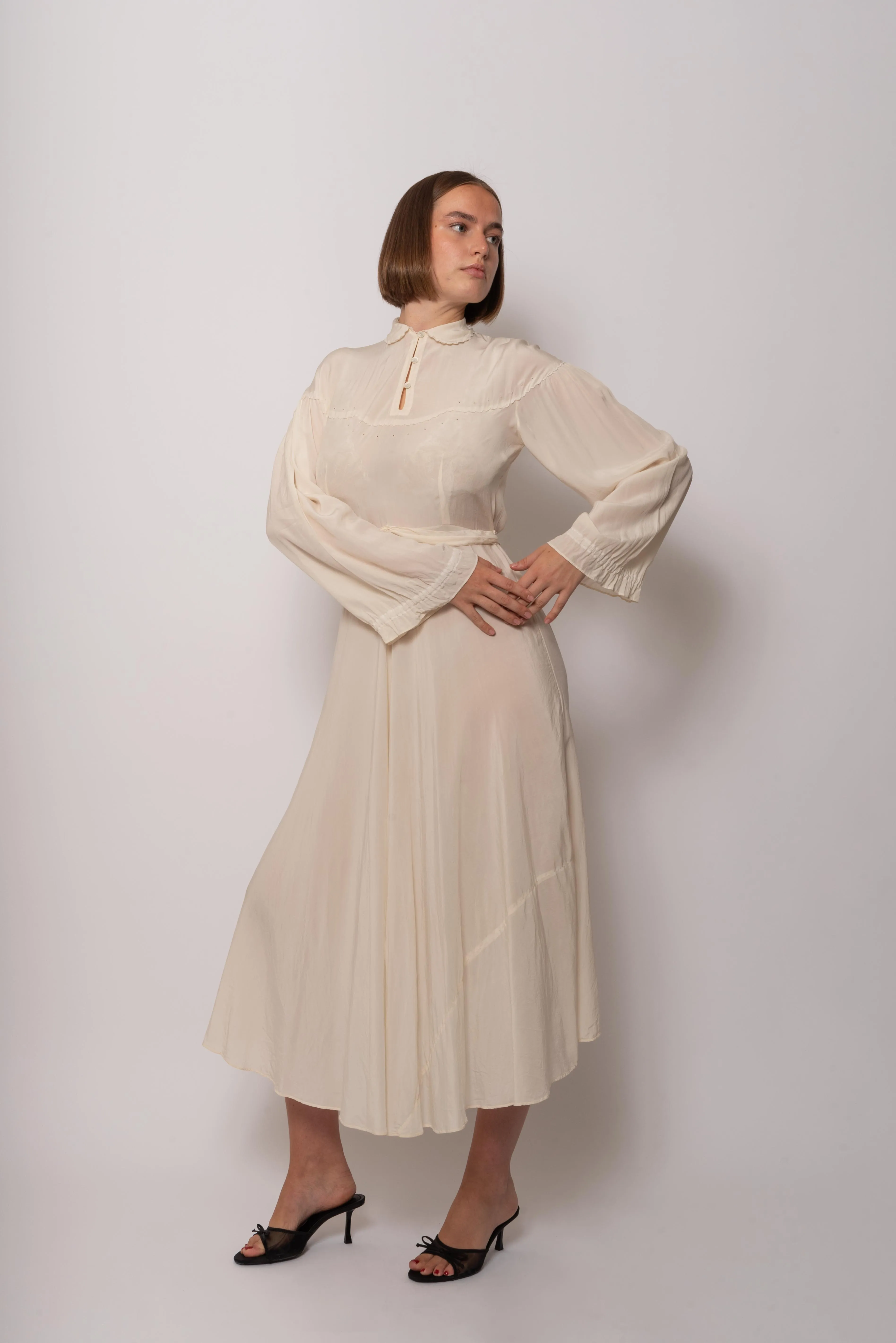 Vintage 1930s Ivory Silk Maxi Dress High Neckline