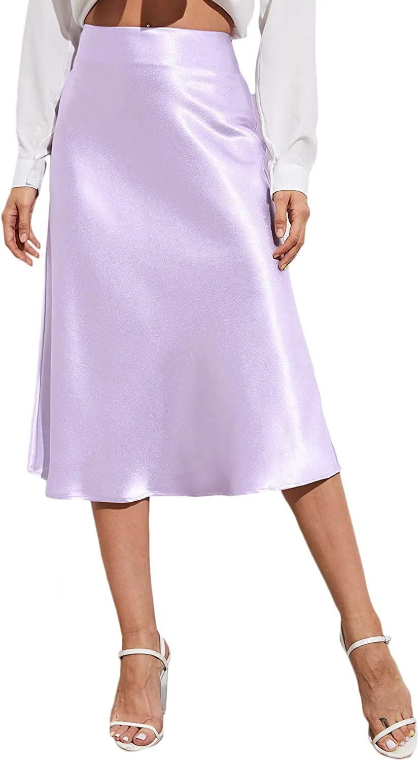 Wholesale Women's Elegant High Waist Satin A Line Flared Midi Skirt