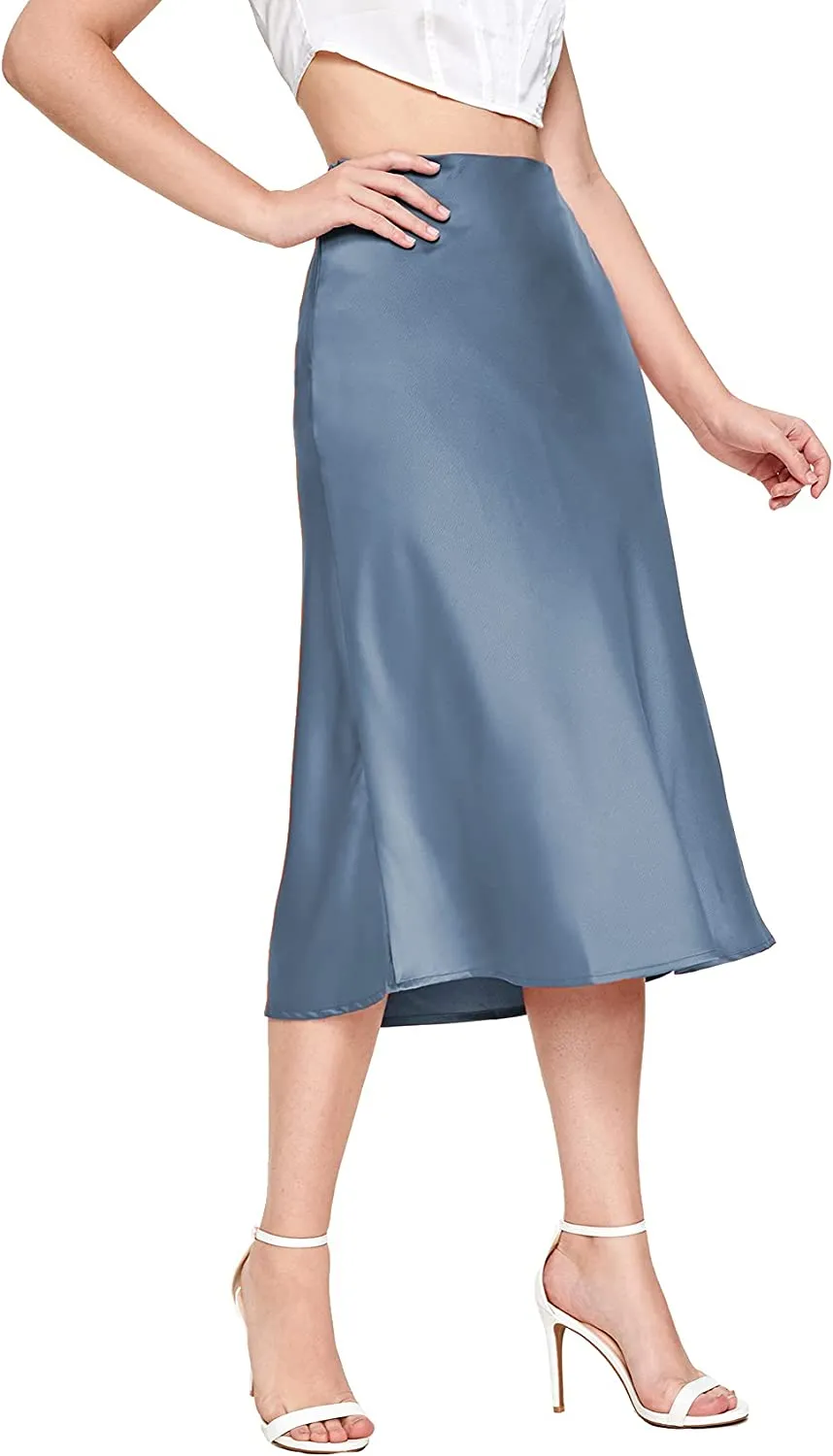 Wholesale Women's Elegant High Waist Satin A Line Flared Midi Skirt