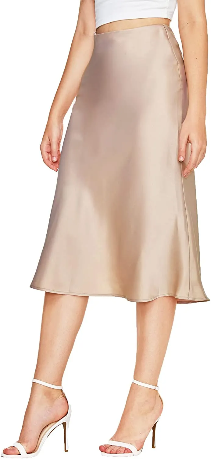 Wholesale Women's Elegant High Waist Satin A Line Flared Midi Skirt