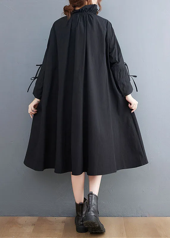 Women Black Ruffled Button Cotton Blouses Dresses Spring