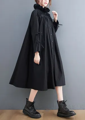 Women Black Ruffled Button Cotton Blouses Dresses Spring