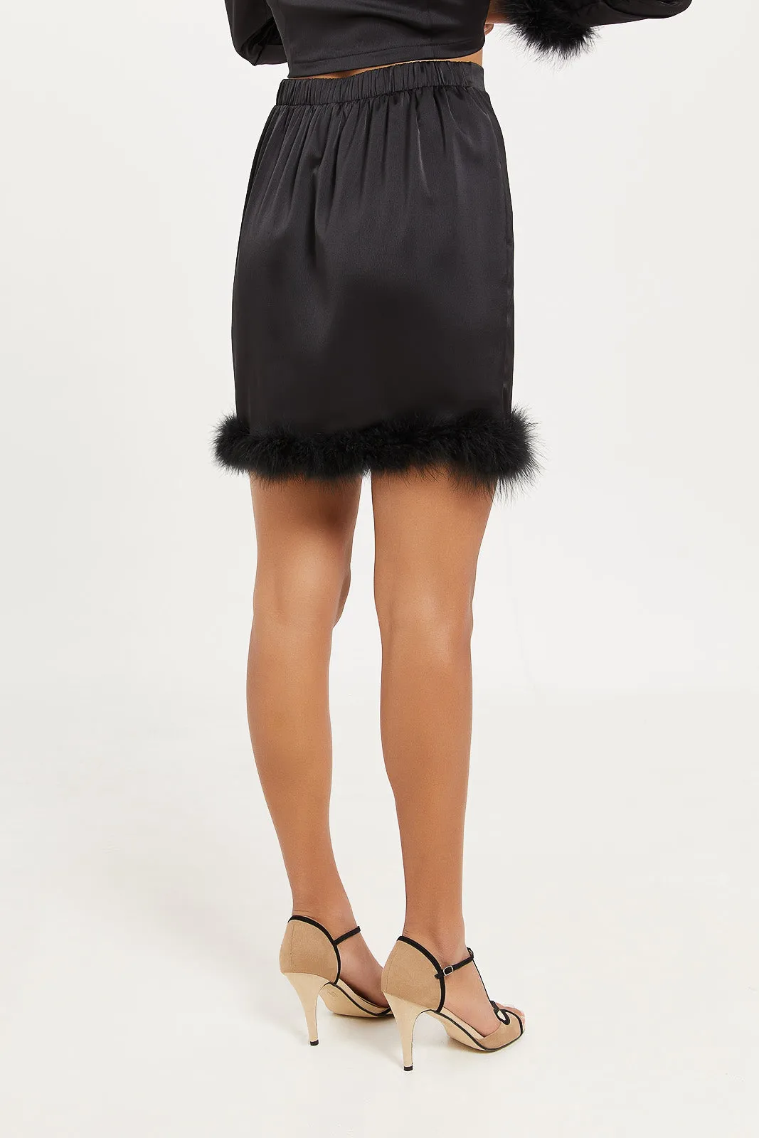 Women Black Satin Feather Skirt