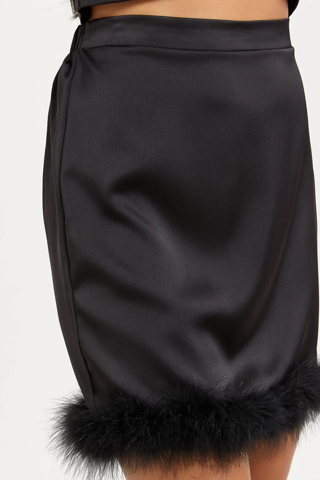 Women Black Satin Feather Skirt