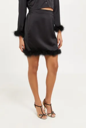 Women Black Satin Feather Skirt