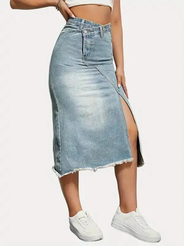 Women’s button slit high waist denim skirt