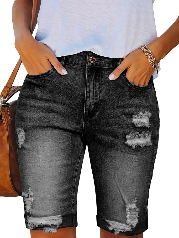 Women's High Waist Denim Shorts Summer Raw Hem Jean Shorts