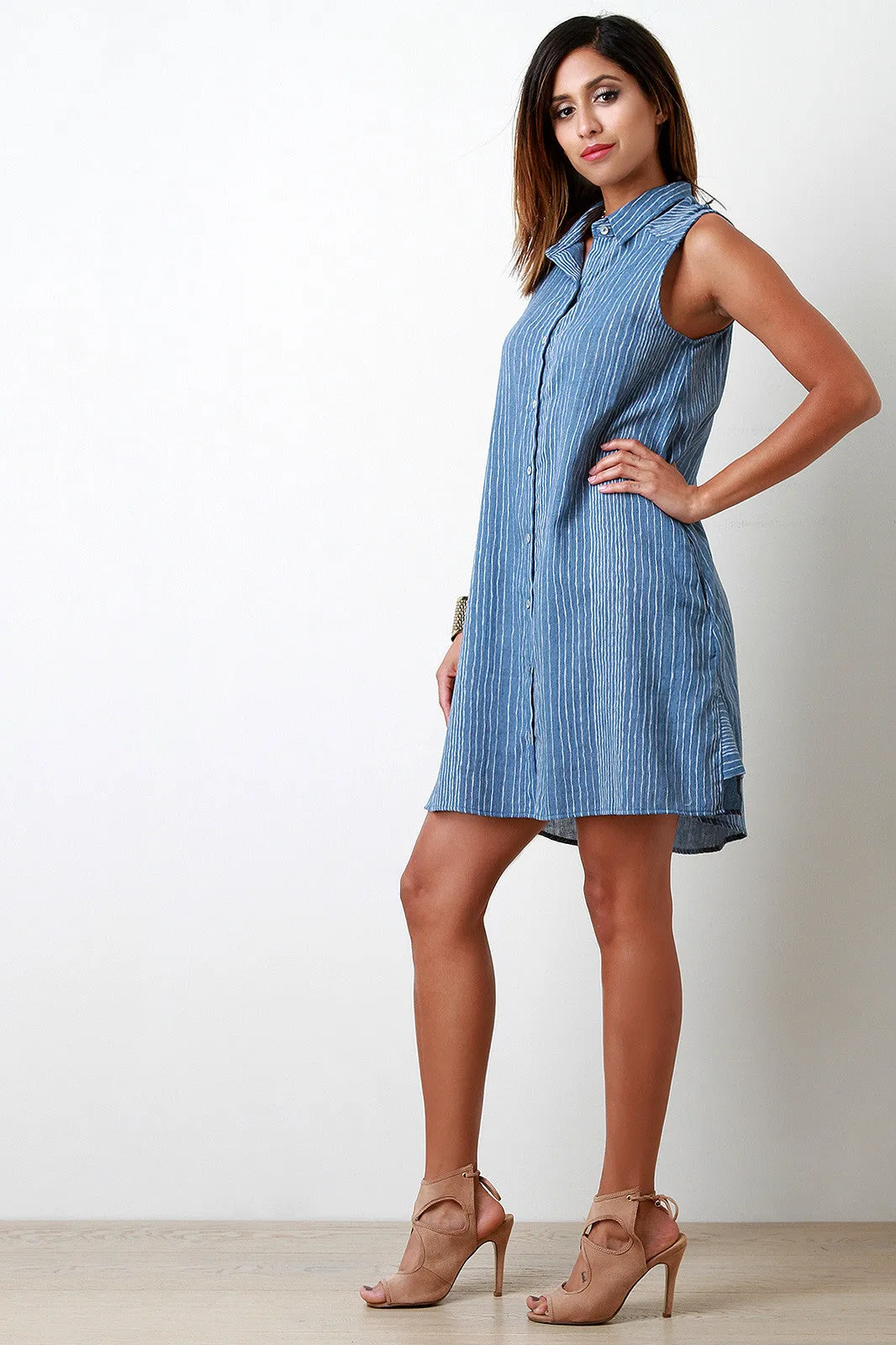 Woven Pinstripe Button Down Shirt Dress