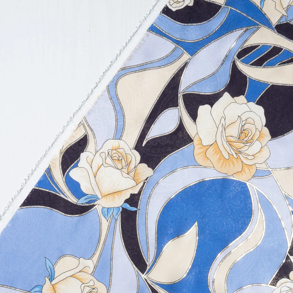 Yellow Rose Vision Printed Blue Pure Silk Jacquard