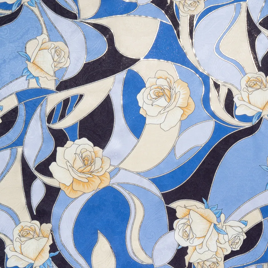 Yellow Rose Vision Printed Blue Pure Silk Jacquard