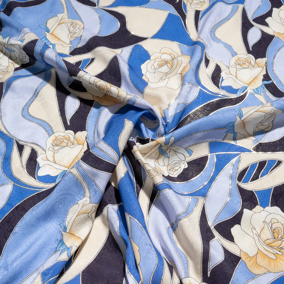 Yellow Rose Vision Printed Blue Pure Silk Jacquard