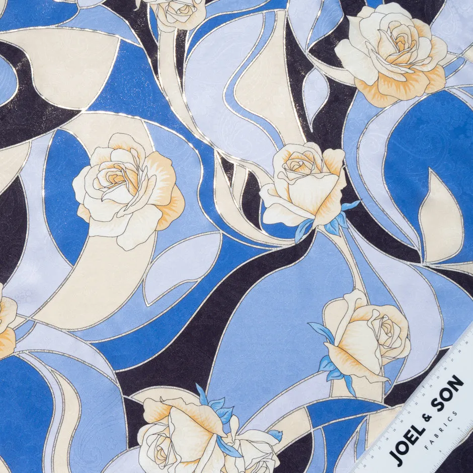 Yellow Rose Vision Printed Blue Pure Silk Jacquard